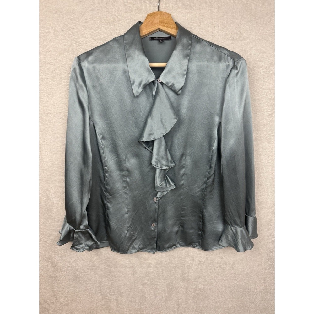 Anne Klein 100% Silk Ruffle Collar Trim Button Blouse Flowy Romantic Poet Luxury